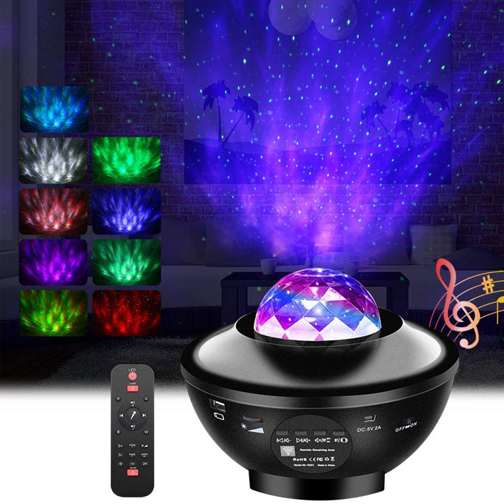 Sound Sensor Rotating Sleep Soothing Lamp for Kids Adults Home Party Decoration Remote Control Star Night Light Projector,3 in 1 Ocean Wave Starry Galaxy Projector with Music Speaker 