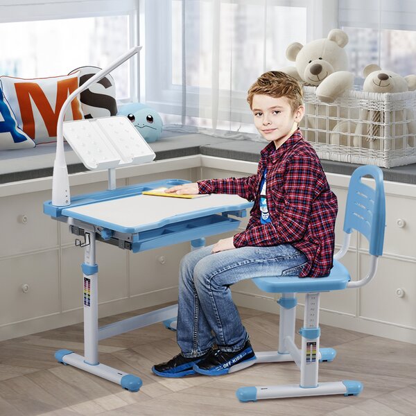 School Student Desk and Chair Set Child Study Furniture Storage Adjustable Blue 
