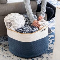 Cotton Rope Knit Big Dirty Clothes Laundry Basket with Handle Storage Organizer for Kids Toy Nursery Hamper Home Accessories,Blue Ball,See Detail