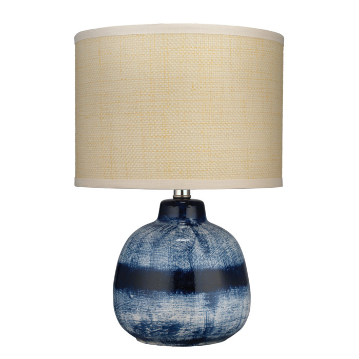 Small Batik Table Lamp In Indigo Ceramic With Drum Shade Raffia Small Batik Table Lamp In Indigo Ceramic With Drum Shade Raffia