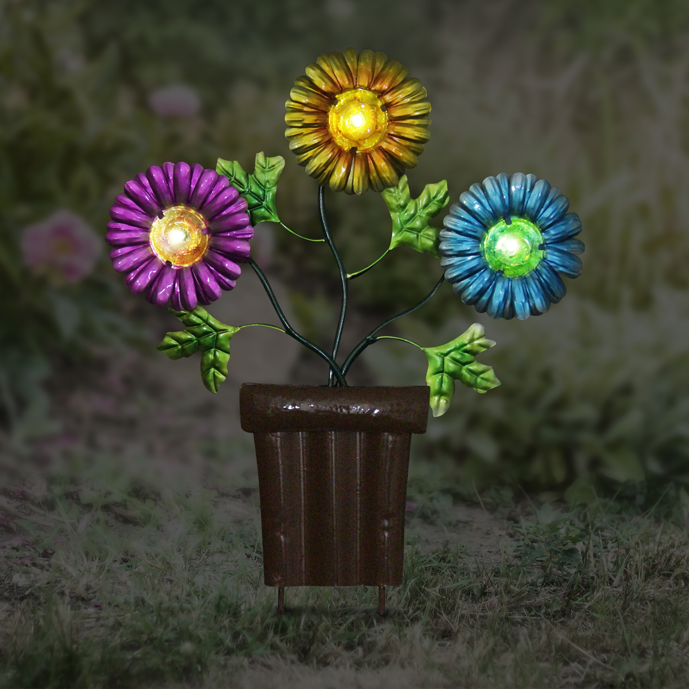 solar metal flowers in pots garden stake