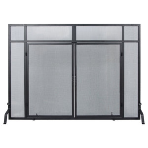 Windowpane 4 Panel Wrought Iron Fireplace Screens with Doors