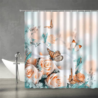 Multi-colored lilies and butterfly Shower Curtain Bathroom Fabric & 12Hooks new 