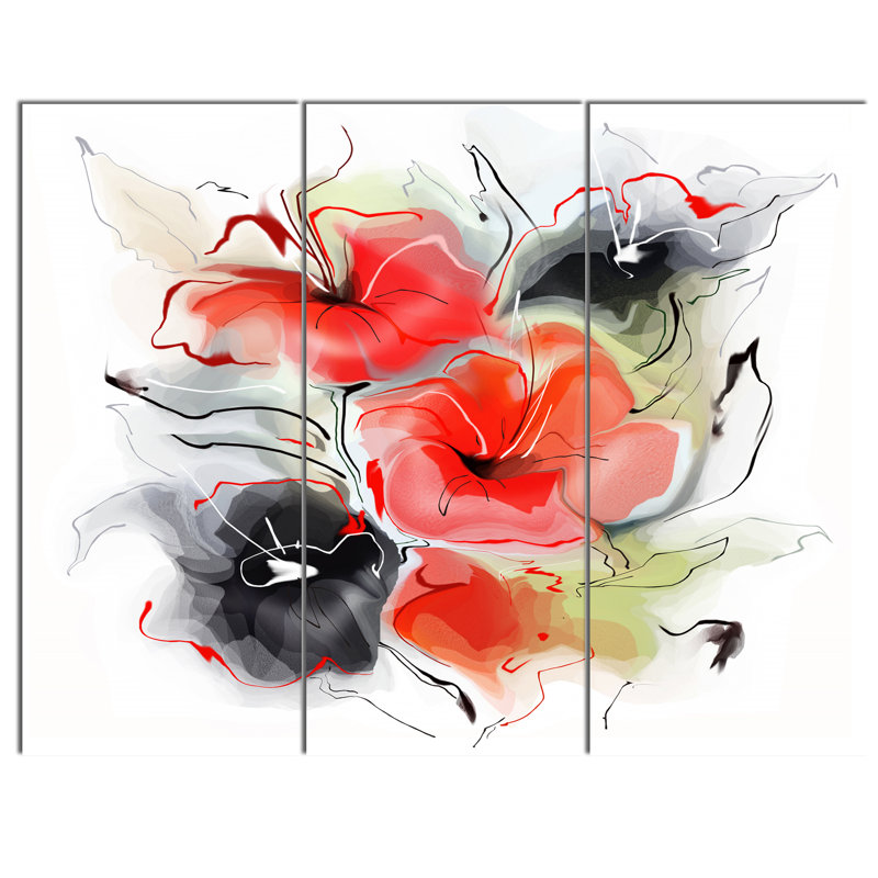 Designart Red Black Abstract Floral Design 3 Piece Graphic Art