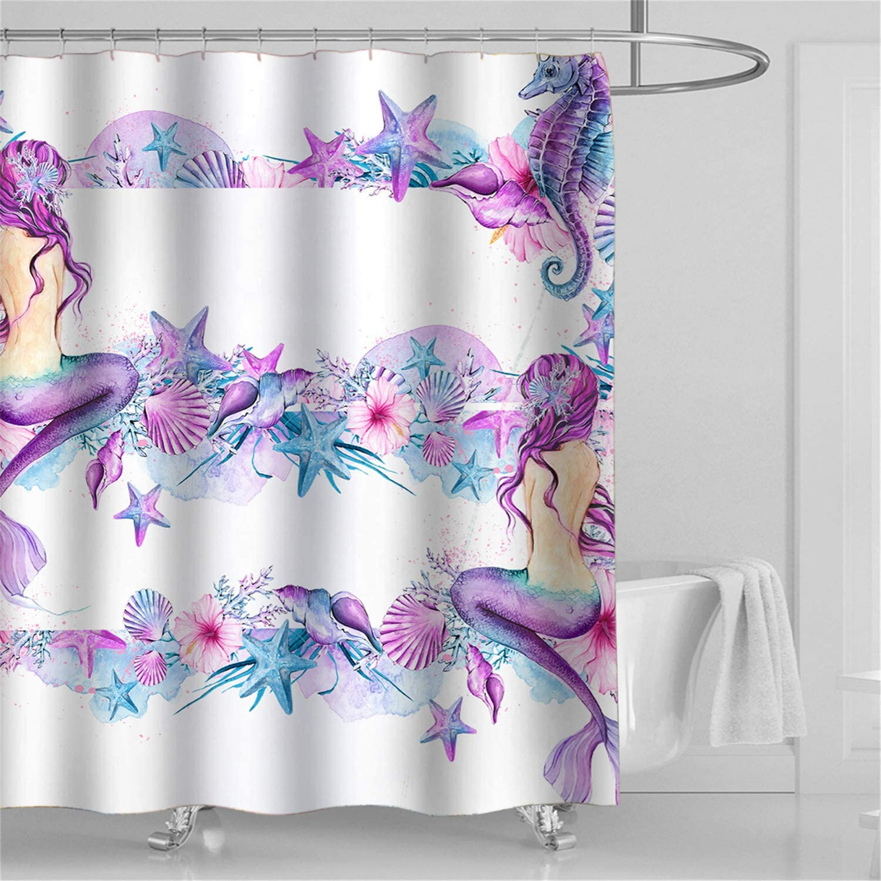 72x72" Beautiful Mermaid Waterproof Fabric Shower Curtain Set Bathroom & Hooks 