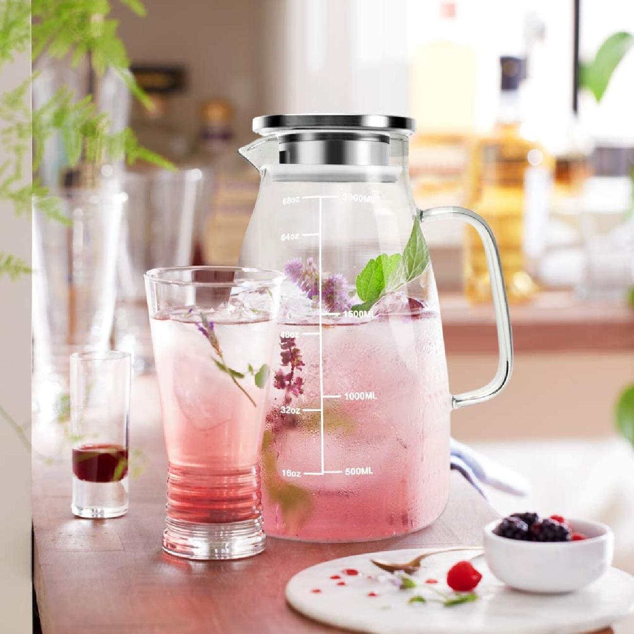 68 oz Large Glass Water Pitcher with Removable Infuser Lid and Spout