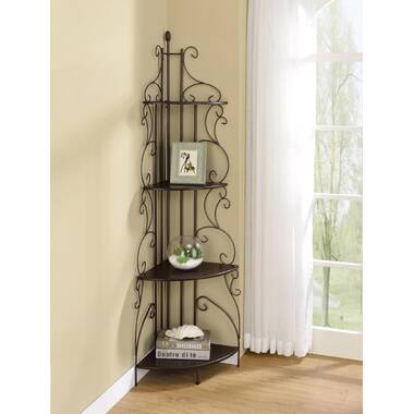 Brown And Copper Scrollwork Design Metal Corner Bookcase With 4 Shelves 