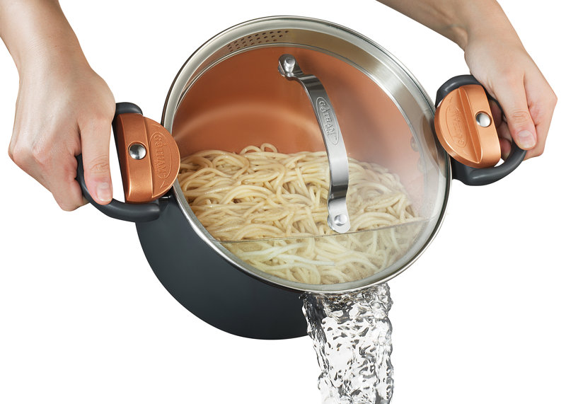 Gotham Steel Stock Multipurpose Pasta Pot with Strainer Lid & Twist and Lock Handles Size: 5 quarts, Color: Copper