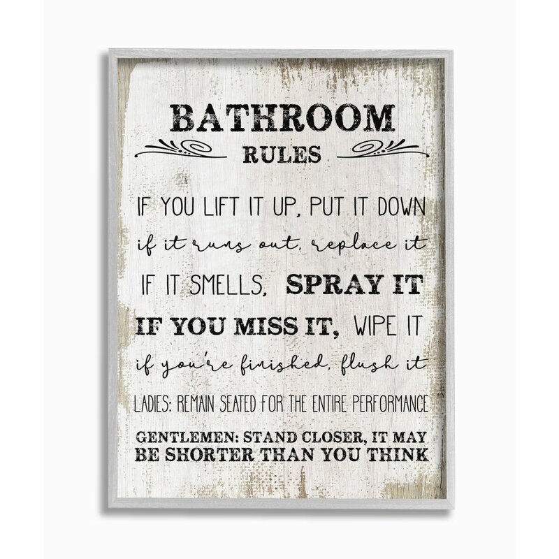 Distressed Wood Sign - 'Bathroom Rules Funny Word Wood Textured Design' Graphic Art on Canvas