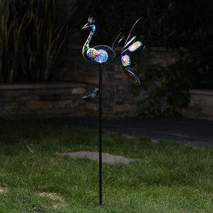 Garden Decor Butterfly Bronze Wind Spinner with Solar Light Crackle Glass Sphere 