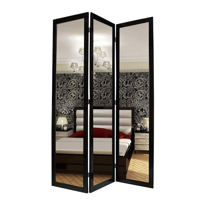 Guidinha Mirror Glass And Wood 3 Panel Room Divider