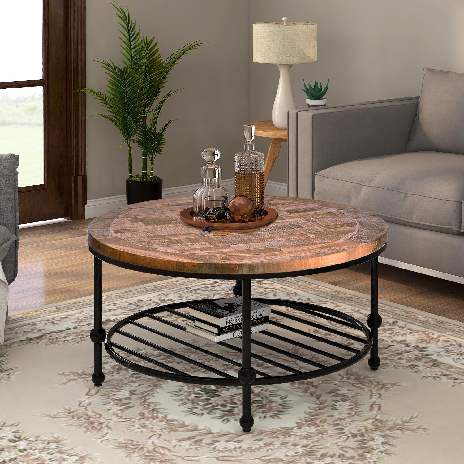 Williston Forge Rustic Natural Round Coffee Table With Storage Shelf For Living Room