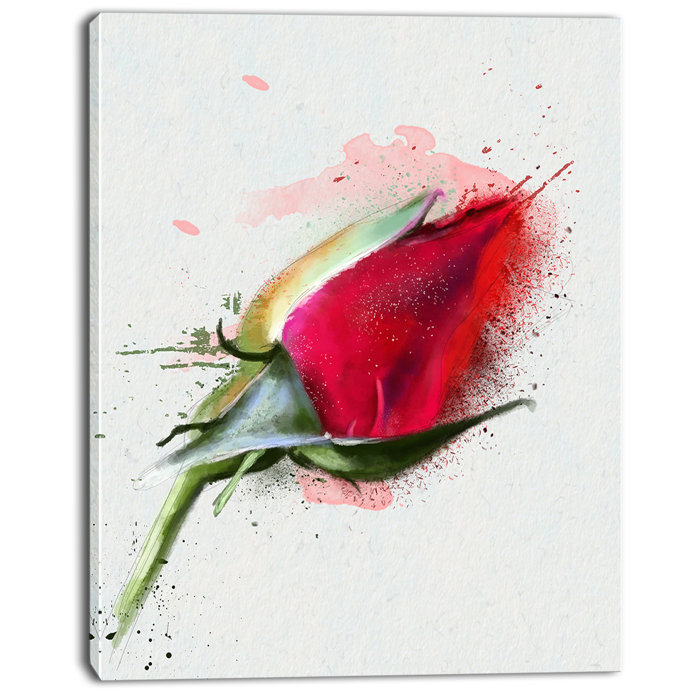 Red Rose Bud Watercolor Sketch Painting Print On Wrapped Canvas