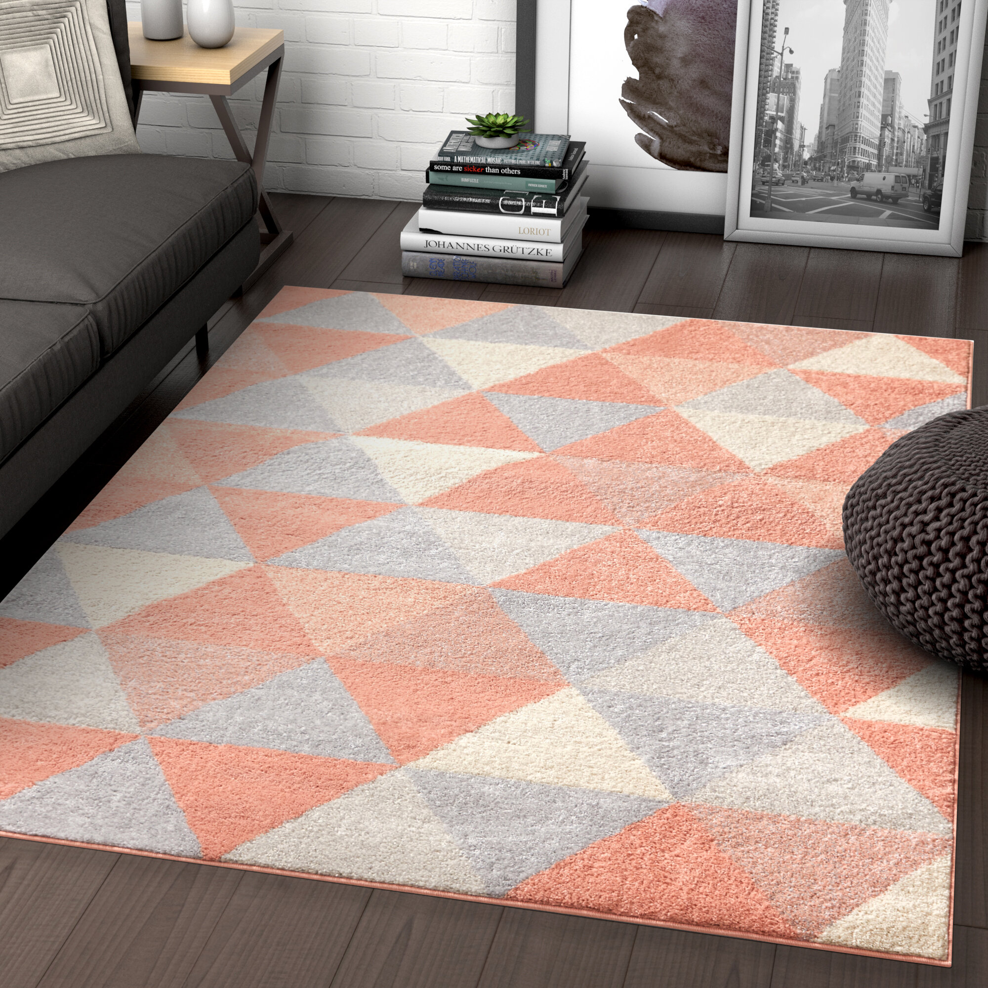 Coral Pink Modern Funky Striped Rug Soft Non Shed Blush Grey Geometric Rugs New 