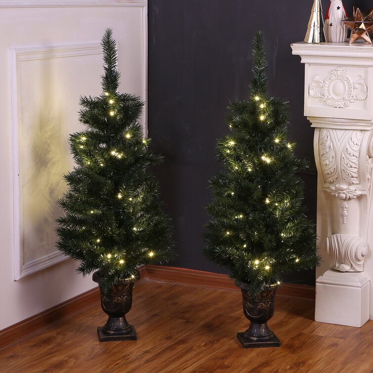 Set of 2 Battery Operated with Timers Set of 2 Lighted Pre-Potted 3.5 Foot Artificial Norway Pine Topiary Outdoor Indoor Trees