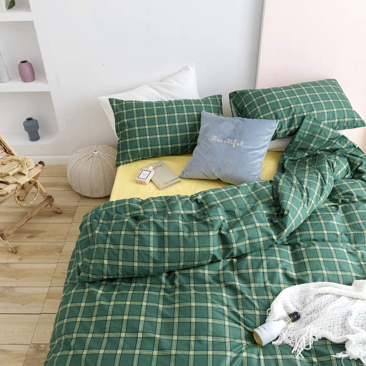 Green and Yellow Plaid Quilt Cover Pillow Case King Queen Full Geometric Bedding