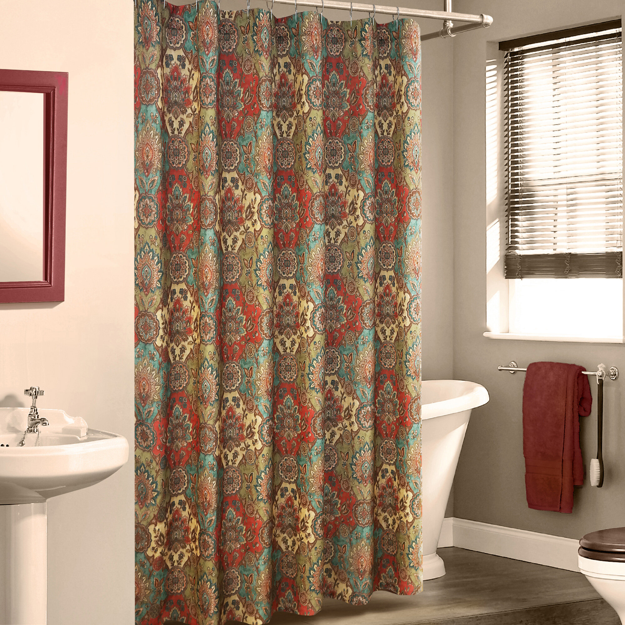 Emery Fabric Shower Curtain Bohemian Blue Orange Green Flowers Decor Print 70x70
