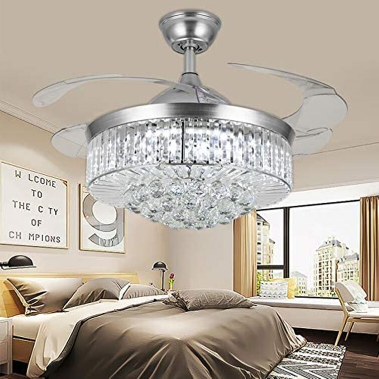 42" Invisible Crystal Ceiling Fan Living Room Home Fixture Remote LED Chandelier 