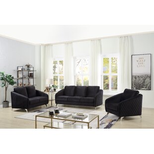 Aiste Black Velvet Fabric Sofa Loveseat Chair Living Room Set by Mercer41