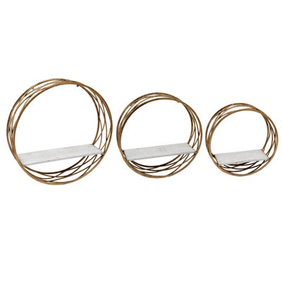 Wall Storage Set Metal and Iron Round Gold Wire Frame 24"x6" Large Shelf White Finish Home Office Bedroom Living Room Set of 3