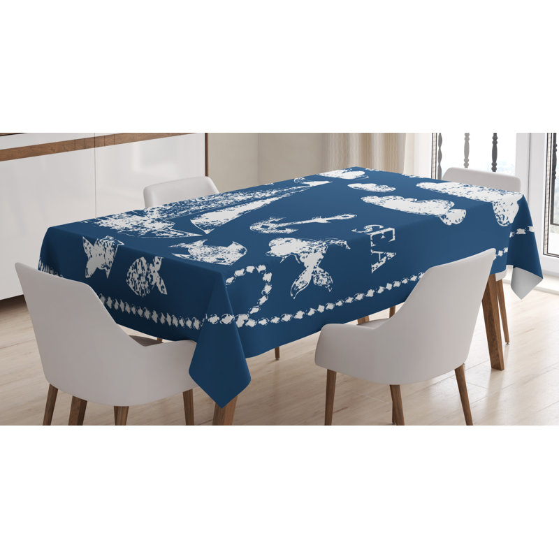 East Urban Home Ambesonne Navy Blue Tablecloth Sea Themed Hand Print Grunge Elements Marine Underwater Yacht Cruise Pattern Rectangular Table Cover For Dining Room Kitchen Decor 60 X 84 Navy White