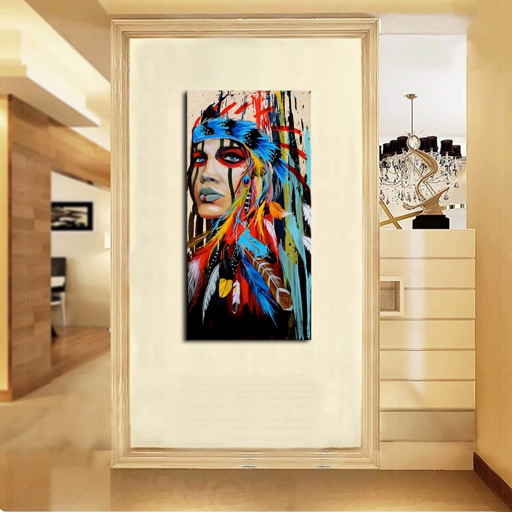 Long Canvas Artwork Girl with Colorful Feathers Ethnologic Accessories Contemporary Picture for Home Office Wall Decor 40 x 20 Canvas Wall Art Native American Indian Beauty Painting