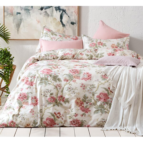 Peony Wild Flower Duvet Quilt Cover Cotton Rich Pink Ochre Floral Bedding Set
