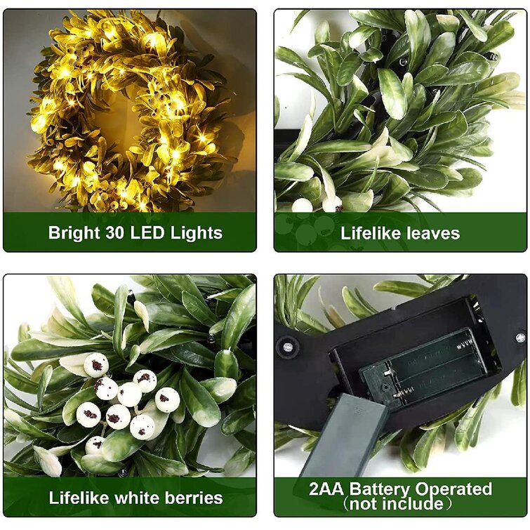 30 LED Lights Battery Operated Christmas Artificial Wreath with Hook for Front Door Home Wall Window Wedding Decor Indoor Outdoor Fristmas 16 Lighted Olive Leaves Wreath with Berries 