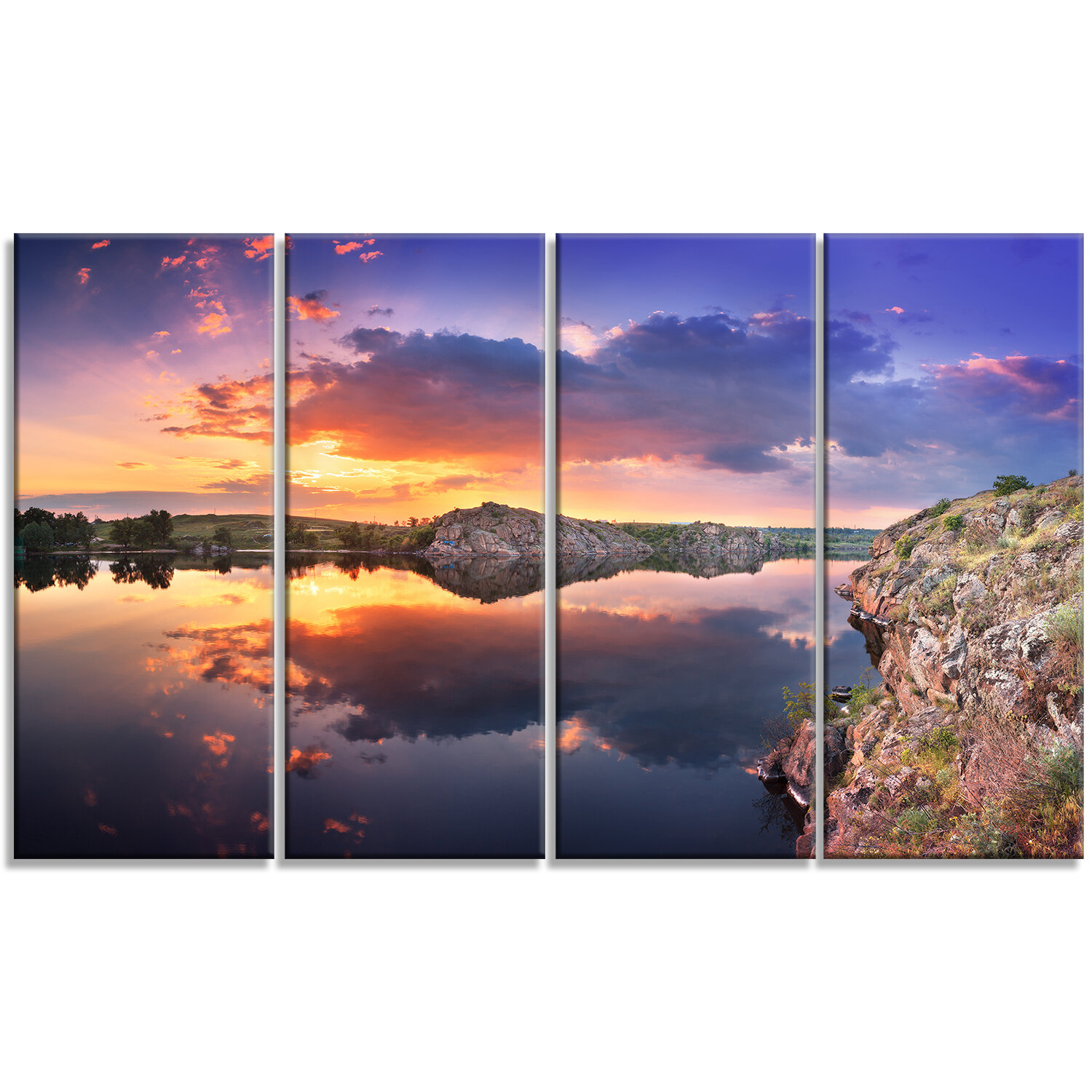 Designart Sunset At River With Large Clouds 4 Piece Wall Art On Wrapped Canvas Set Wayfair