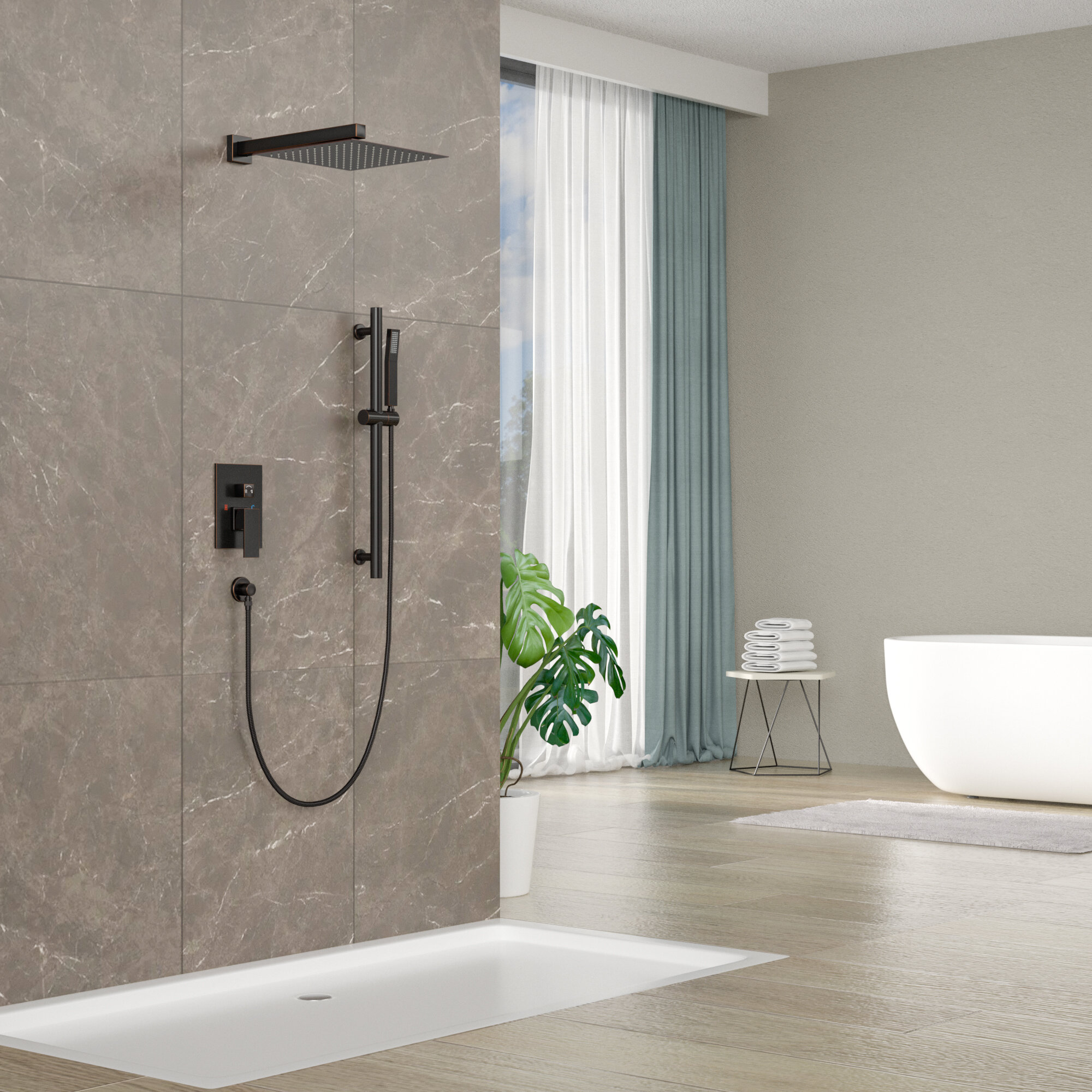Brushed Nickel 12"LED Rain Shower Combo Set Bathroom 2-Way Valve W/Hand Shower 