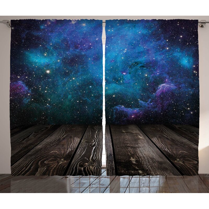 Brayden Studio Jocelyne Galaxy Outer Space View From Rustic Wooden Deck Of Blue Nebula Stars Magical Night Graphic Print Text Semi Sheer Rod Pocket Curtain Panels Wayfair