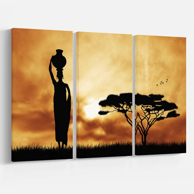 Designart African Woman And Lonely Tree 3 Piece Painting Print On Wrapped Canvas Set Wayfair