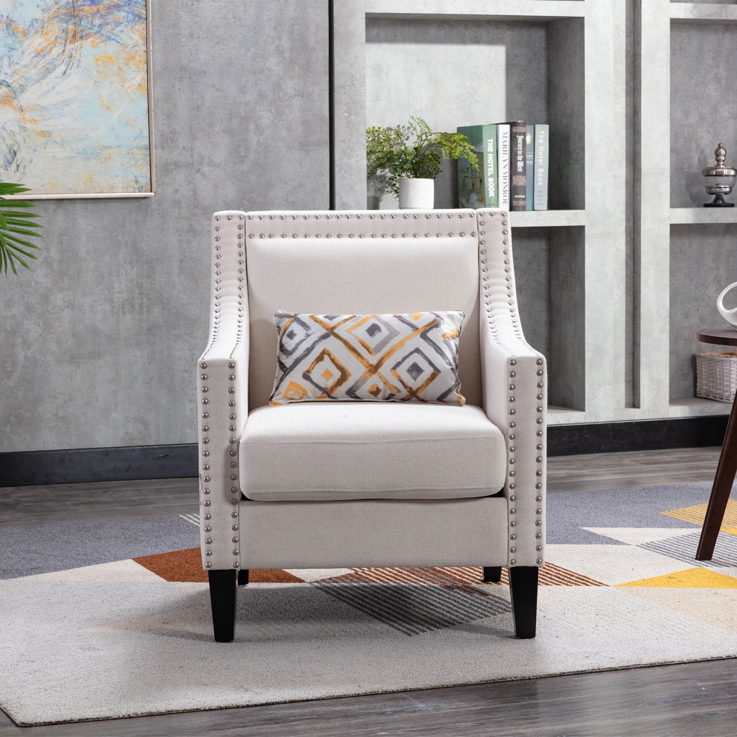 Red Barrel Studio Living Room Accent Arm Chair With Naihead And Solid Wood Legs In Beige Wayfairca