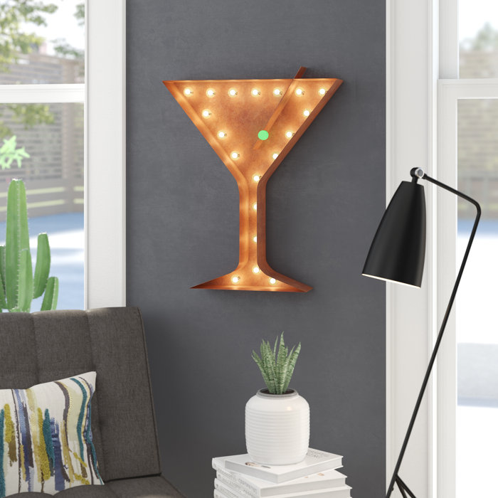 Ivy Bronx Martini Glass With Olive Steel Marquee Light Wall Decor