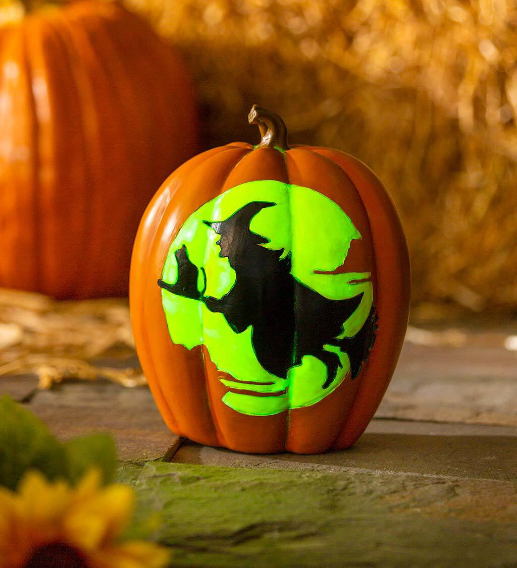 Plow & Hearth Glow In The Dark Pumpkin With Witch And Moon Figurine