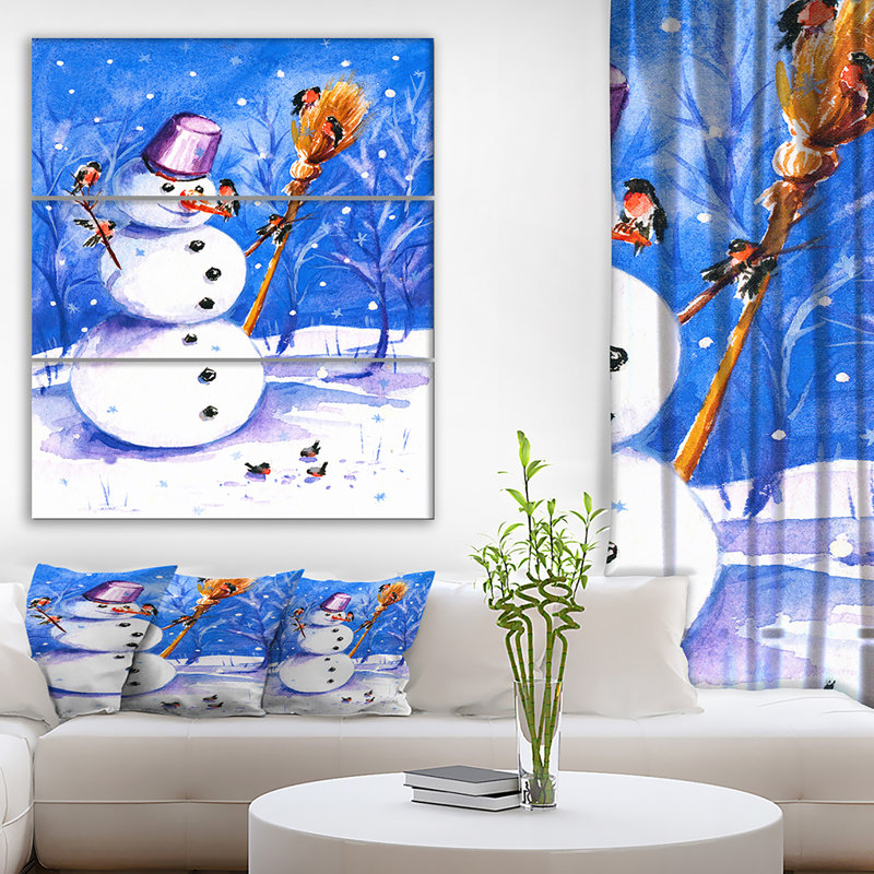 East Urban Home Snowman Playing With Birds Oil Painting Print