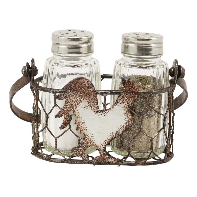 Rooster Salt and Pepper Shaker Set Glass and Silver Metal Accents Large NEW