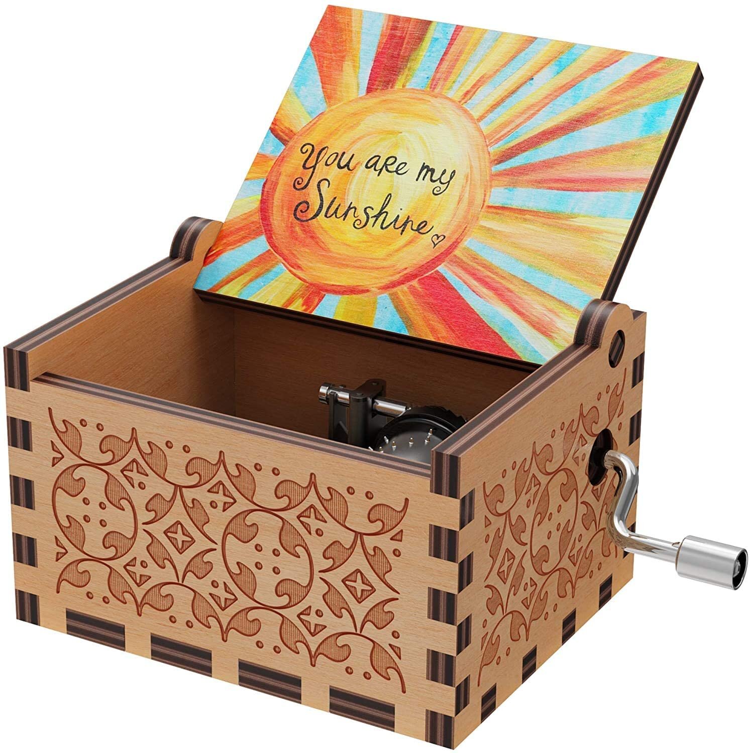 My Sunshine Birthday Wooden Hand Crank Antique Engraved Music Box Musical Boxes 