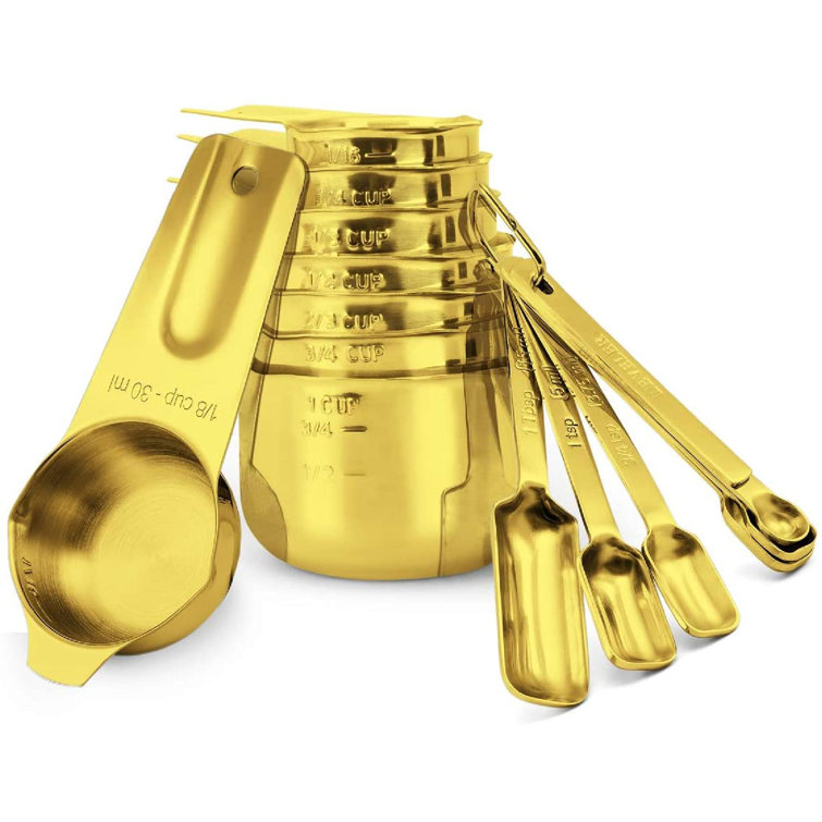 Rose Gold Measuring Cups & Spoons Set - Stainless Steel, Walnut Handle