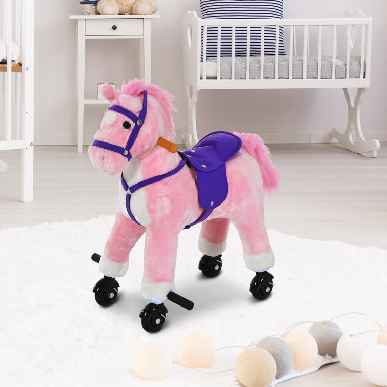 HOMCOM Ride on Plush Pink Horse. Walking/wheeled with Sound