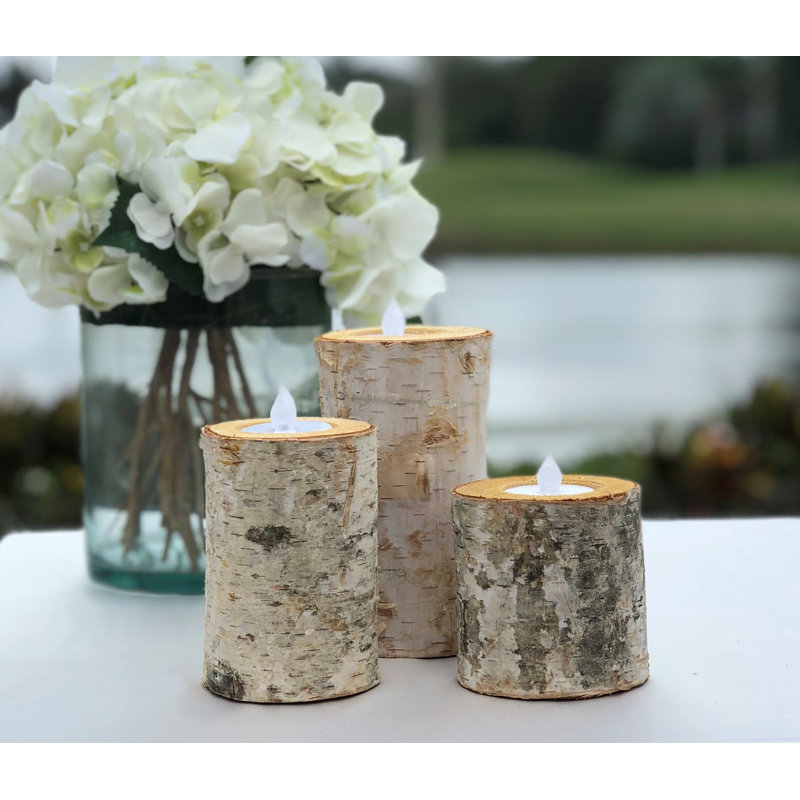 Ebern Designs 3 Piece Birch Bark Log Small Wood Tealight Holder