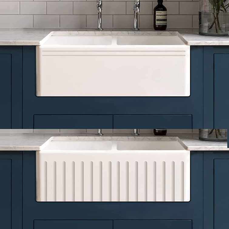 33 Inch Fireclay Farmhouse Sink, Double Bowl Apron Front Farmhouse Kitchen  Sink, Revesible White Farmhouse Sink With 2 Stainless Steel Grids And 2 ...