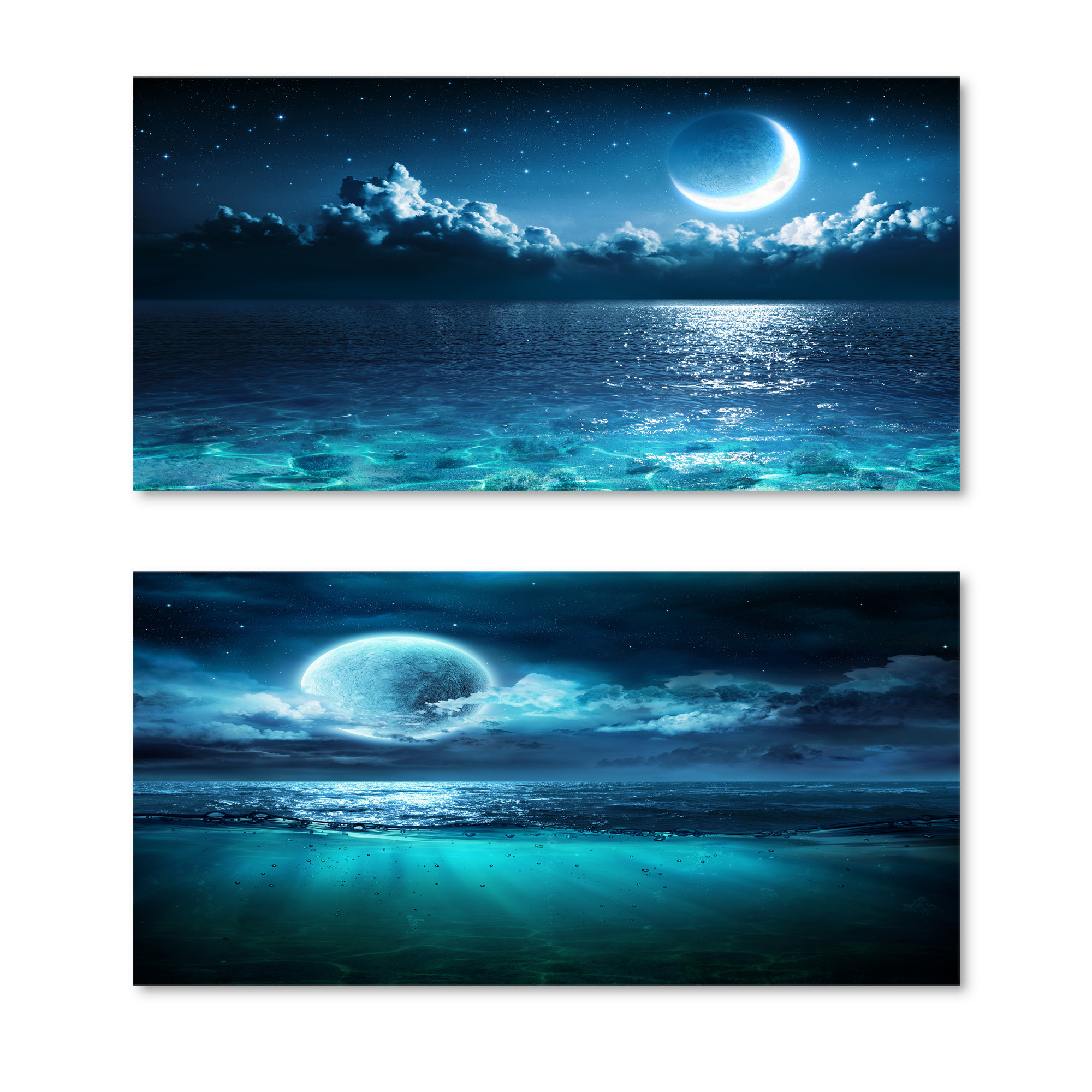 East Urban Home Romantic Moon Over Deep Blue Sea Romantic Moon Over Deep Blue Sea 2 Piece Wrapped Canvas Graphic Art Set Wayfair