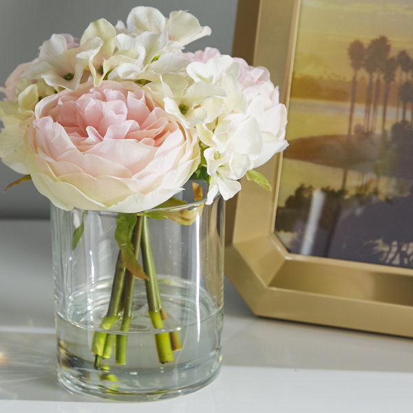 SET OF 3 GLASS BOWLS VINTAGE PINK ROSE & GRASS ARTIFICIAL FLOWER ARRANGEMENTS 