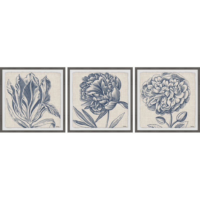 Three Posts Flower Sketches 3 Piece Framed Drawing Print Set On