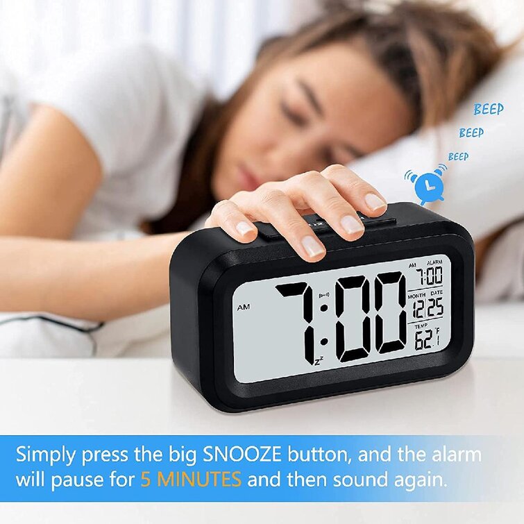 Snooze 4.3 LCD Alarm Clock for Bedrooms Home Travel Digital Alarm Clock Indoor Temperature Battery Operated Alarm Clock Date Rose Red 12/24H with Smart Night Light 