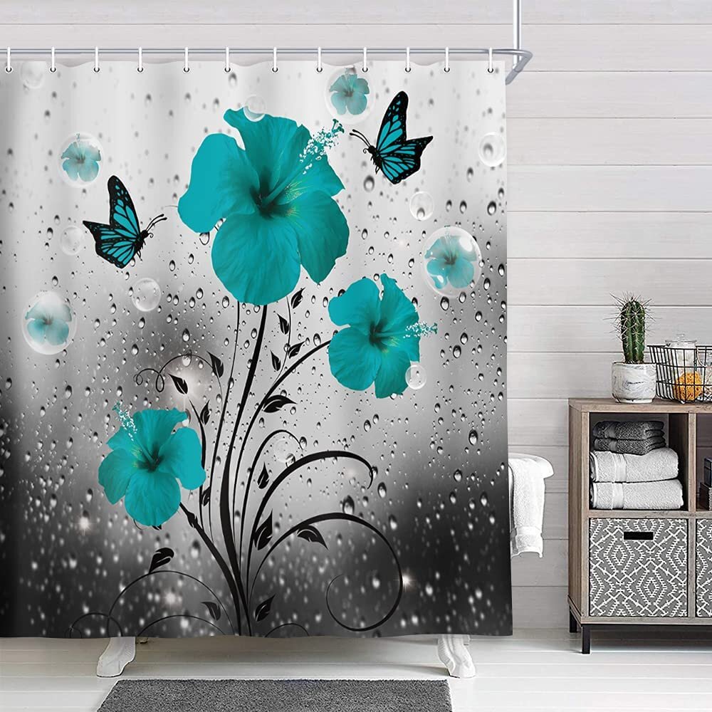 Bathroom Liner Mat Waterproof Abstract Blue Raindrop Fabric Shower Curtain Hooks 
