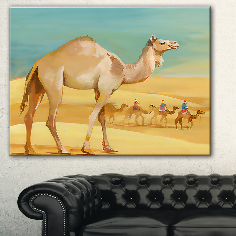 East Urban Home Camel Walking In Desert Oil Painting Print On