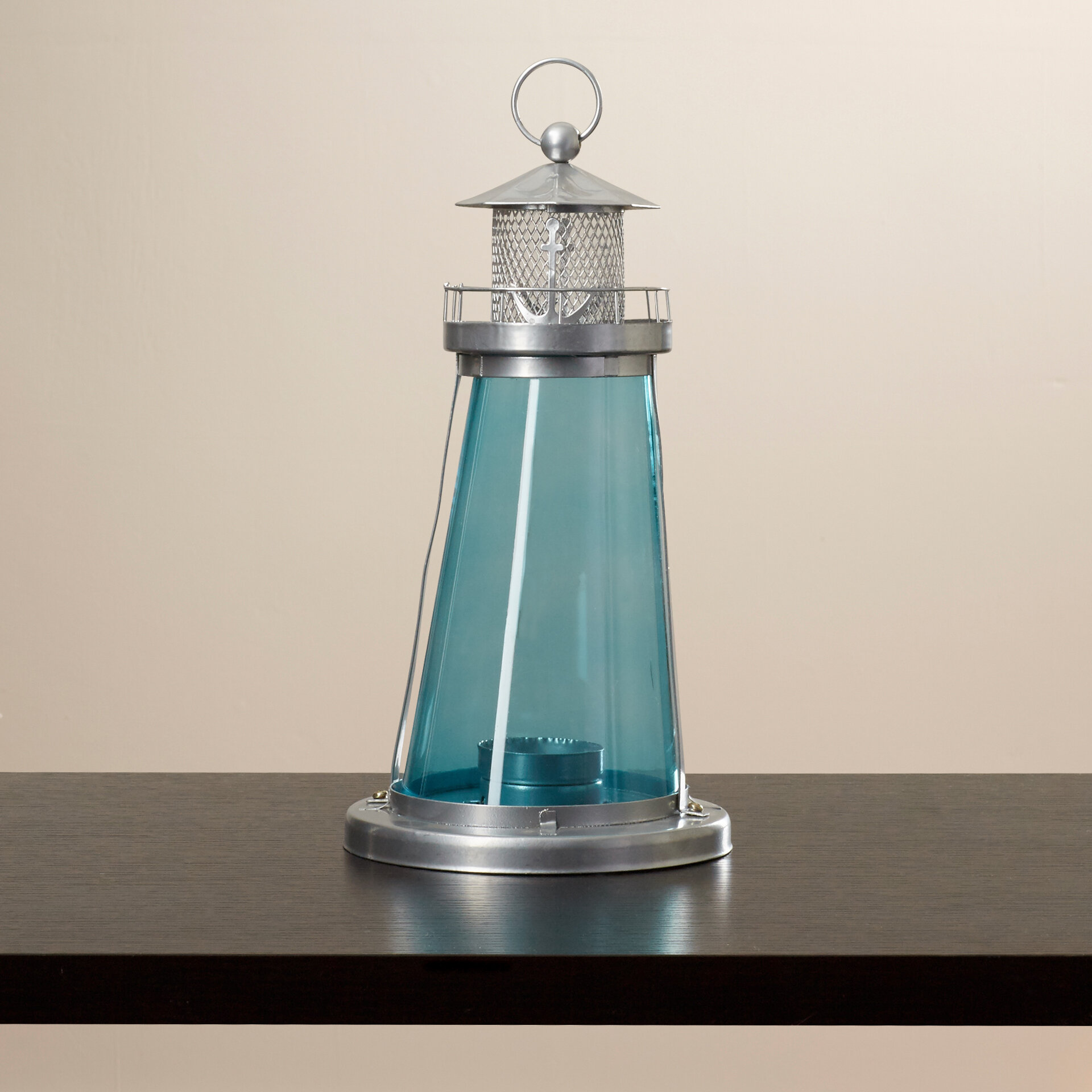 Lighthouse Blue Glass Candle Lantern 
