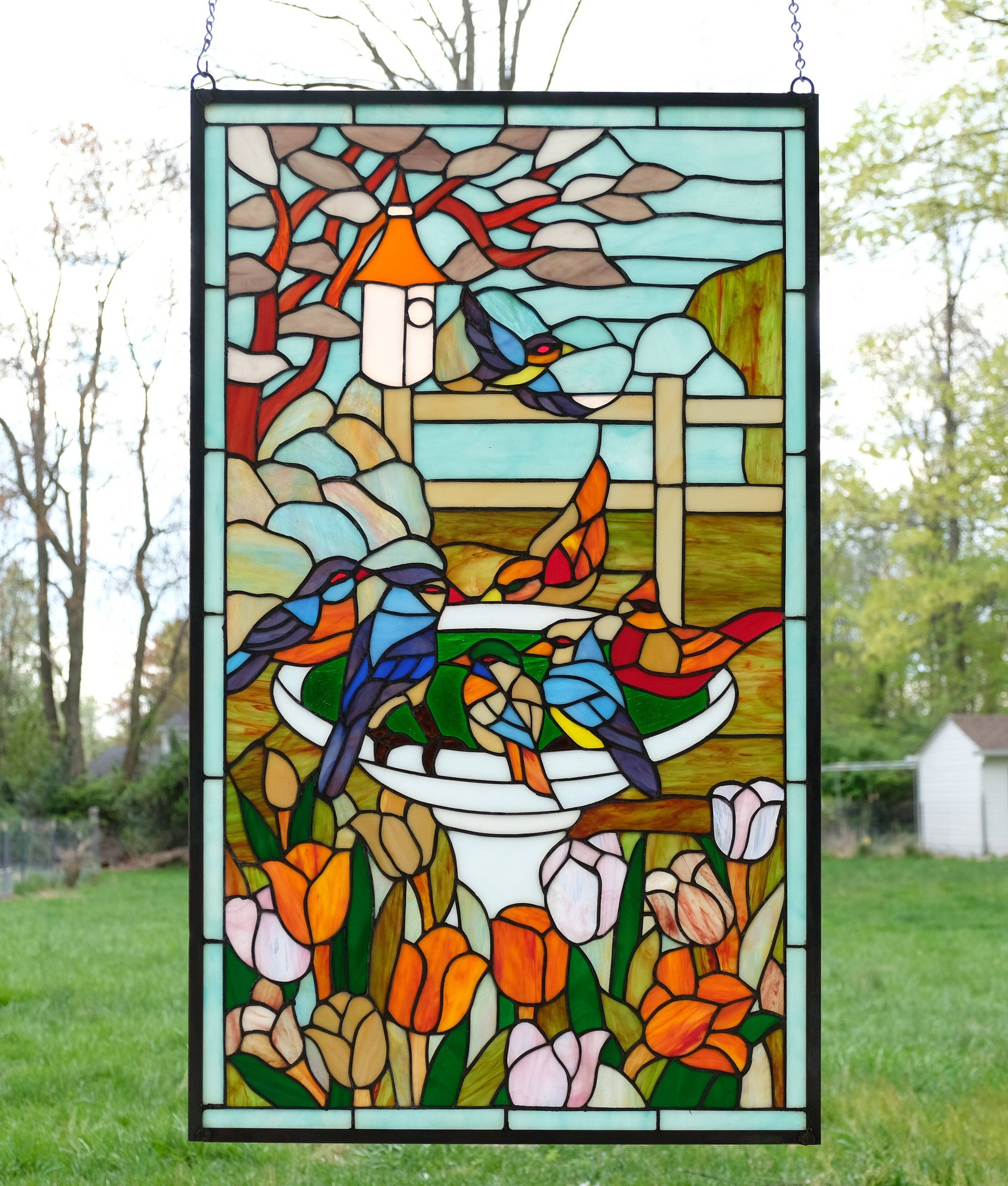 Red Barrel Studio® Stained Glass Bird Bath with Flowers Window Panel ...